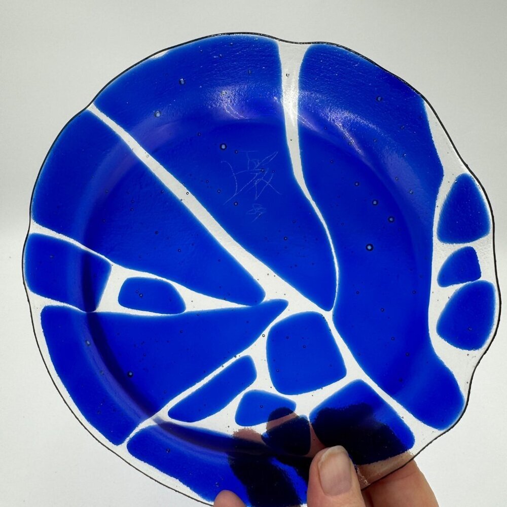 Broken Glass fused Glass studio glass art signed 1989 blue clear